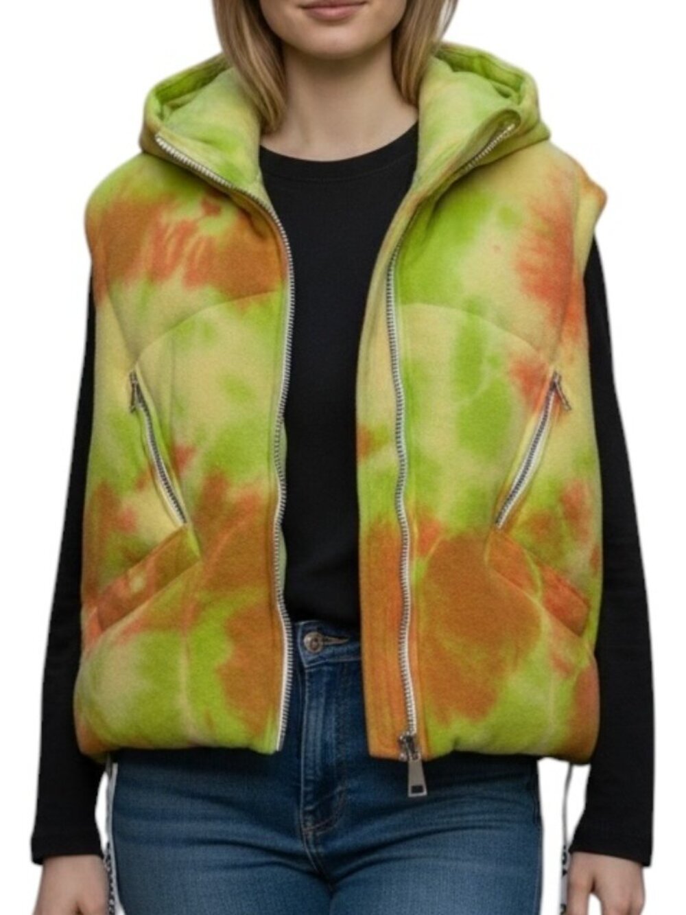 Khrisjoy Tie Dye Wool Puff Vest Hooded Neon Medium NWT